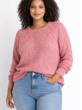 GAP Aran Cable Knit Sweater XL Pink Marled Cotton Fisherman Cozy Cottagecore